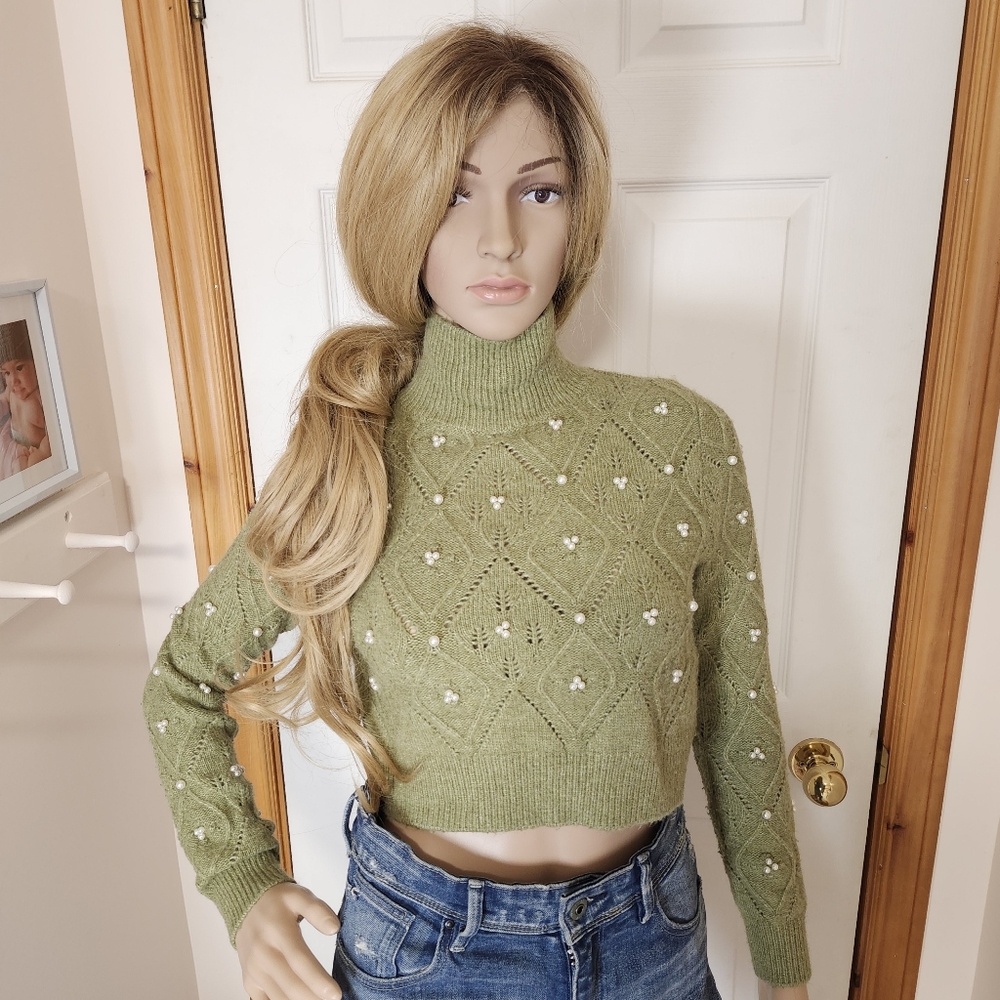Zara Women's faux pearls diamond cable knit Mock Neck semi crop Green sweater S - Picture 3 of 15
